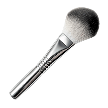 Silver makeup brush with fluffy white bristles on white background png