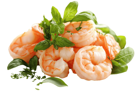 Fresh shrimp garnished with basil and herbs arranged artistically in a bright setting png