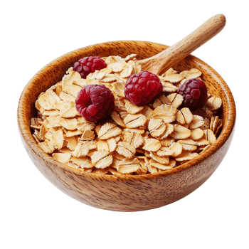 Oatmeal with raspberries in wooden bowl on transparent background png