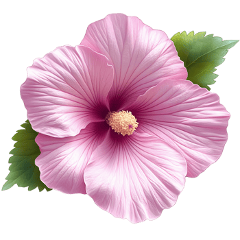 Pink hibiscus flower with green leaves on transparent background png