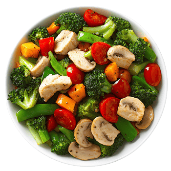 Chicken and vegetable stir-fry in bowl, top view png