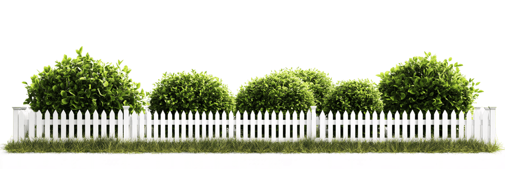 Green bushes behind white picket fence on Transparent Background png