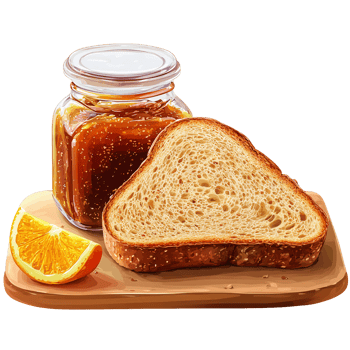 Orange jam in glass jar with toasted bread slice on wooden board png