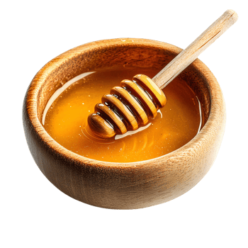 Honey in wooden bowl with honey dipper on transparent background png