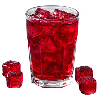 Red drink with ice cubes in glass, isolated on black png