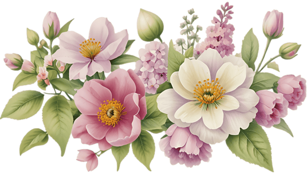 Pink flowers and green leaves are shown in this illustration png