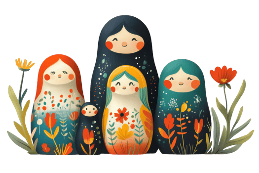 Colorful nesting dolls representing family and nature in a vibrant floral setting png