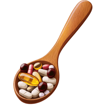 Wooden Spoon with Colorful Pills and Capsules Isolated on Transparent Background png
