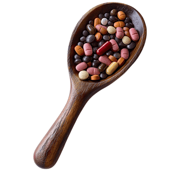 Wooden spoon with assorted pills and capsules on transparent background png