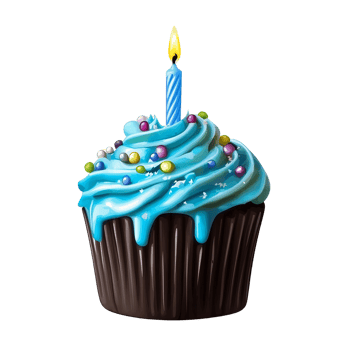 Blue cupcake with candle and sprinkles on transparent background png