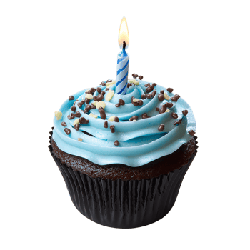 Blue frosting chocolate cupcake with candle on transparent background png