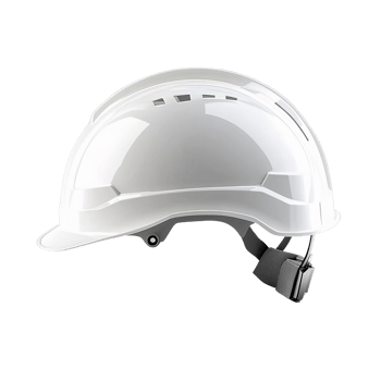 White hard hat safety helmet with chin strap on transparent background png