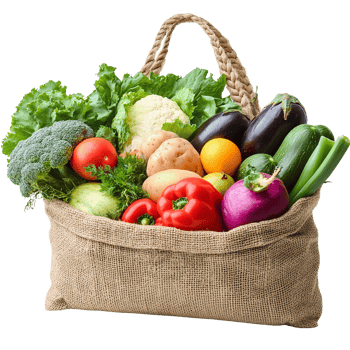 Burlap sack of fresh vegetables and fruits isolated on black png