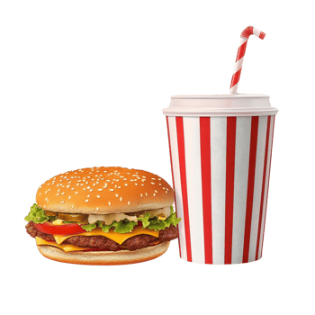 Cheeseburger and soda combo on transparent background png