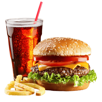 Juicy cheeseburger with french fries and soda on transparent background png