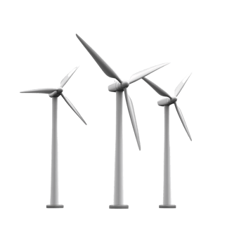 White wind turbines on white background 3d render png