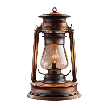 Vintage metal lantern with glowing bulb on transparent background png