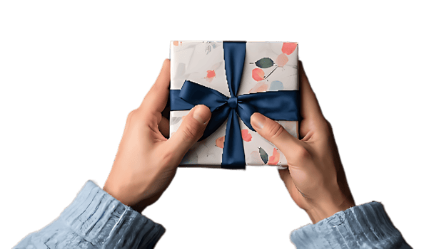 A person holding a gift wrapped in a blue bow png