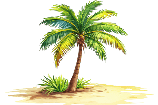 Tall palm tree with vibrant leaves stands on sandy beach with greenery around it during sunny day png
