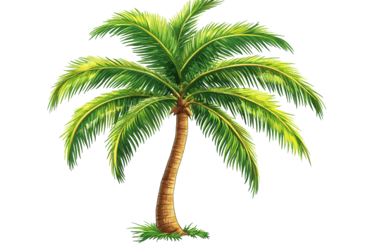 Tropical palm tree with lush green fronds captured in bright sunlight at a beach location png