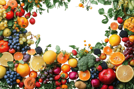 Fresh fruits and vegetables arranged beautifully on a white background showcasing natural bounty png
