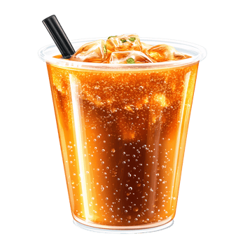 Iced sparkling tea in plastic cup with straw on almon sushi nigiri on transparent background png