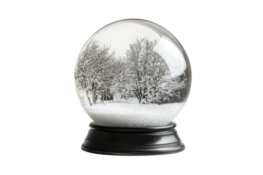 Snow globe capturing a serene winter landscape with trees and snow on a black base png