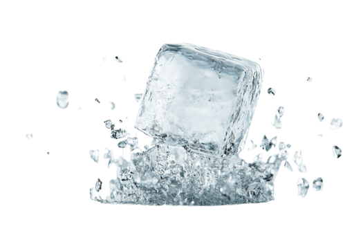Frozen water cube splashing into clear liquid creating droplets and bubbles in a bright environment png