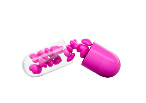 An Open Pink And Glossy Capsule With Minimal Heart Shaped Pills Spilling Out 3D Illustration png