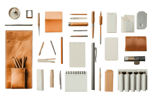 Various writing tools and stationery items neatly organized on a white background in a creative workspace png