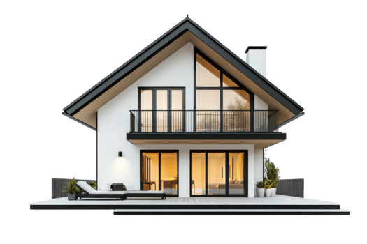 Modern house design with large windows and outdoor terrace in a minimalist style during evening glow png
