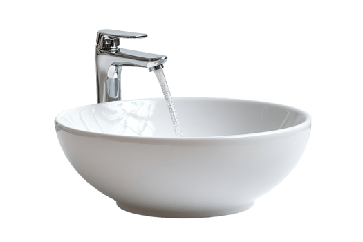 Modern faucet pouring water into a minimalist white bowl sink in a bright indoor setting png
