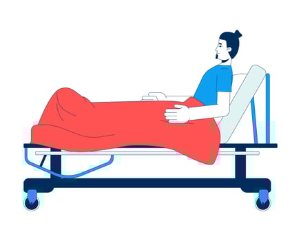 Caucasian man patient reclining on hospital bed with blanket 2D cartoon character. Hospitalization. Bedridden guy recovery in sickbed isolated person flat on white. Spot illustration colorful vector