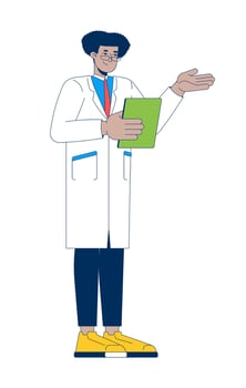 Hispanic male doctor in white coat explaining with clipboard 2D cartoon character. Latino man healthcare professional isolated person flat on white background. Spot illustration colorful vector