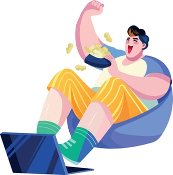 A flat illustration of an excited character watching movie on laptop vector