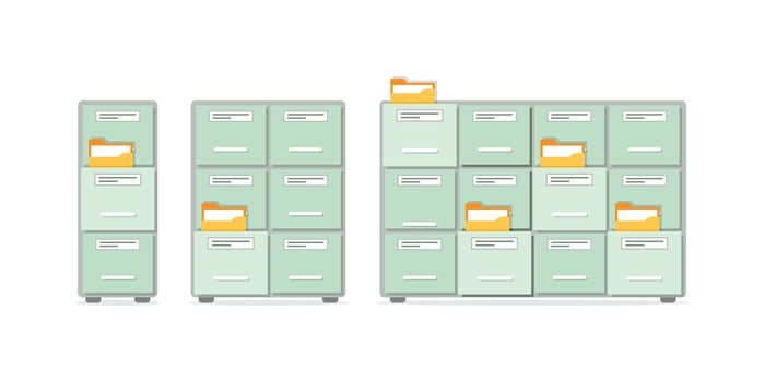 Office cabinet icon set in flat style. Furniture storage illustration on isolated background. Drawer sign business concept. vector