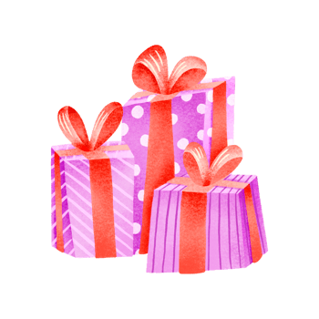 Pink gift boxes, presents, packages with bow. Christmas gift. Hand drawn illustration on isolated background. Birthday png