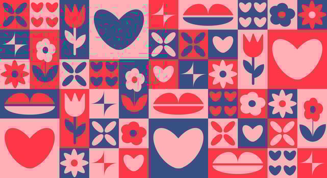 Abstract Valentines Day banner with geometric hearts, flowers, tulips, and abstract shapes in red, pink, and navy blue. background for Black history month illustrations vector