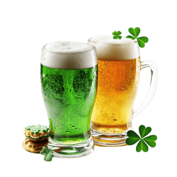 Two beer glasses with green and white foam png