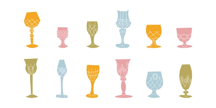 Set of festive glasses for alcoholic cocktails of different forms. Decorative elegant faceted glasses on legs . New Year's stickers of the holiday and fun. Container for drink . vector