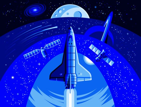 Illustration of a spaceship in orbit, orbital station, orbital module, planets, objects, meteorites. vector