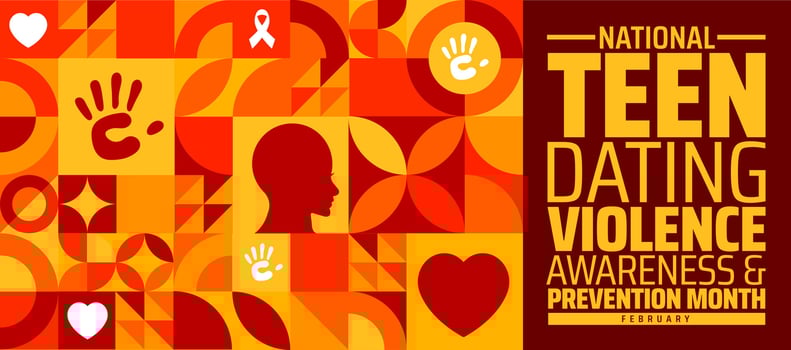 National Teen Dating Violence Awareness and Prevention Month geometric shape pattern background banner or poster design template with ribbon, hand and love icon. observed every year in February. vector