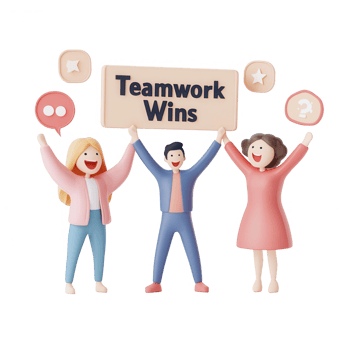 Three animated characters celebrating teamwork with a joyful expression and a sign. png
