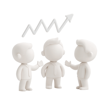 Three characters discussing growth and strategy in a minimalistic style. png
