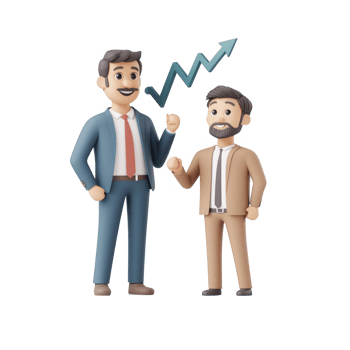 Two businessmen celebrating success with a growth chart in background. png