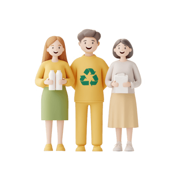 Three smiling people promoting recycling and sustainability with eco-friendly products. png