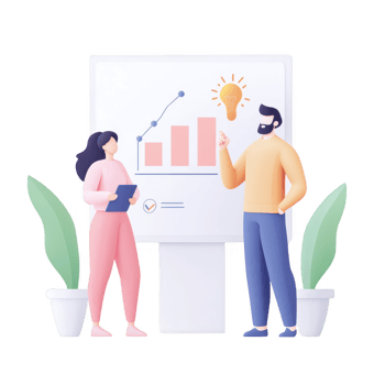 Two professionals discussing graphs and ideas for effective teamwork and growth. png