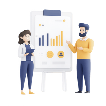 Two professionals discussing growth data on a presentation board. png