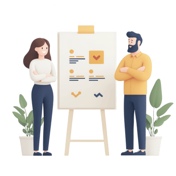 Two professionals discussing a project in front of a presentation board. png
