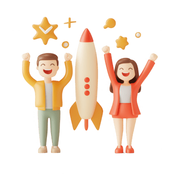 Cheerful characters celebrating a successful launch with a rocket and stars. png